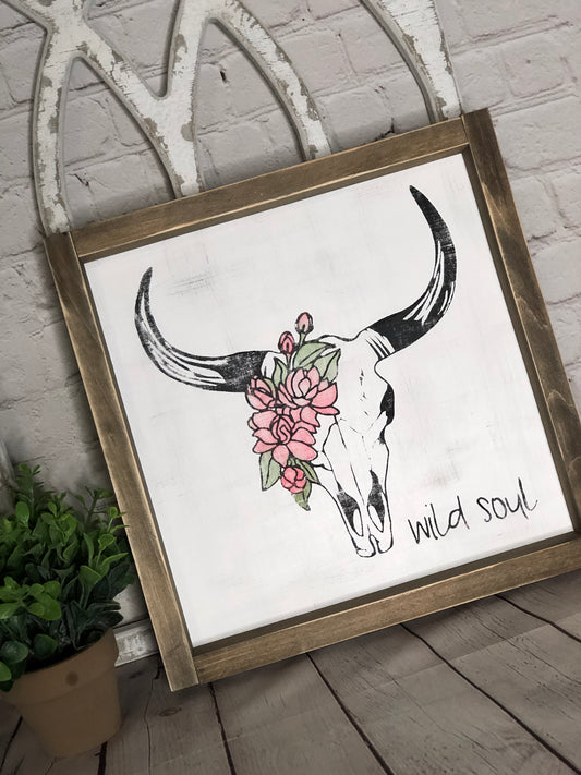 COW SKULL WITH FLOWERS WILD SOUL -FRAMED WOOD SIGN