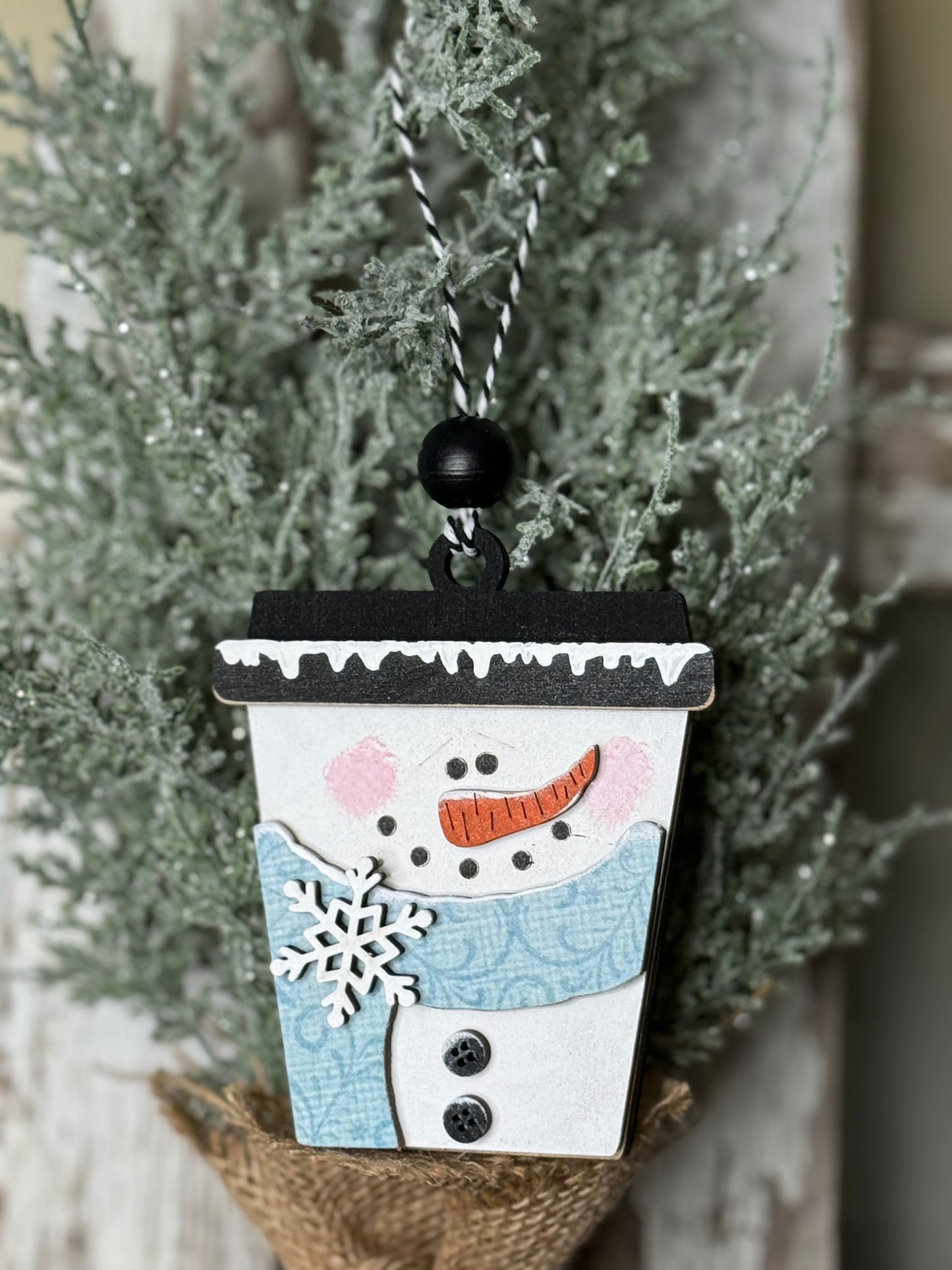 CHRISTMAS ORNAMENT/GIFT CARD HOLDER- SNOWMAN COFFEE TOGO CUP ORNAMENT