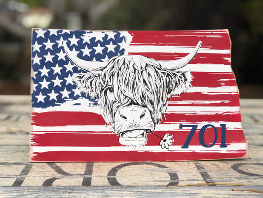 NORTH DAKOTA SHAPE WITH HIGHLANDER COW AND AMERICAN FLAG - WOOD SIGN