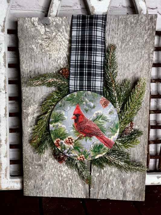 CHRISTMAS WREATH WITH CARDINAL ORNAMENT AND BLACK AND WHITE CHECKERED RIBBON -CHRISTMAS DECOR-LIMITED EDITION