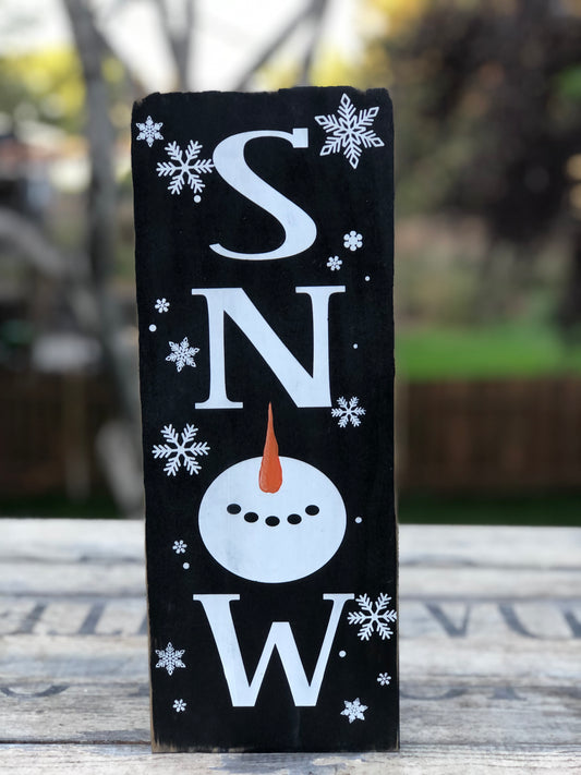 SNOW WITH SNOWMAN FACE DOUBLE SIDED SIGN W/ GNOME WITH FLOWER POT HAT- WOOD SIGN