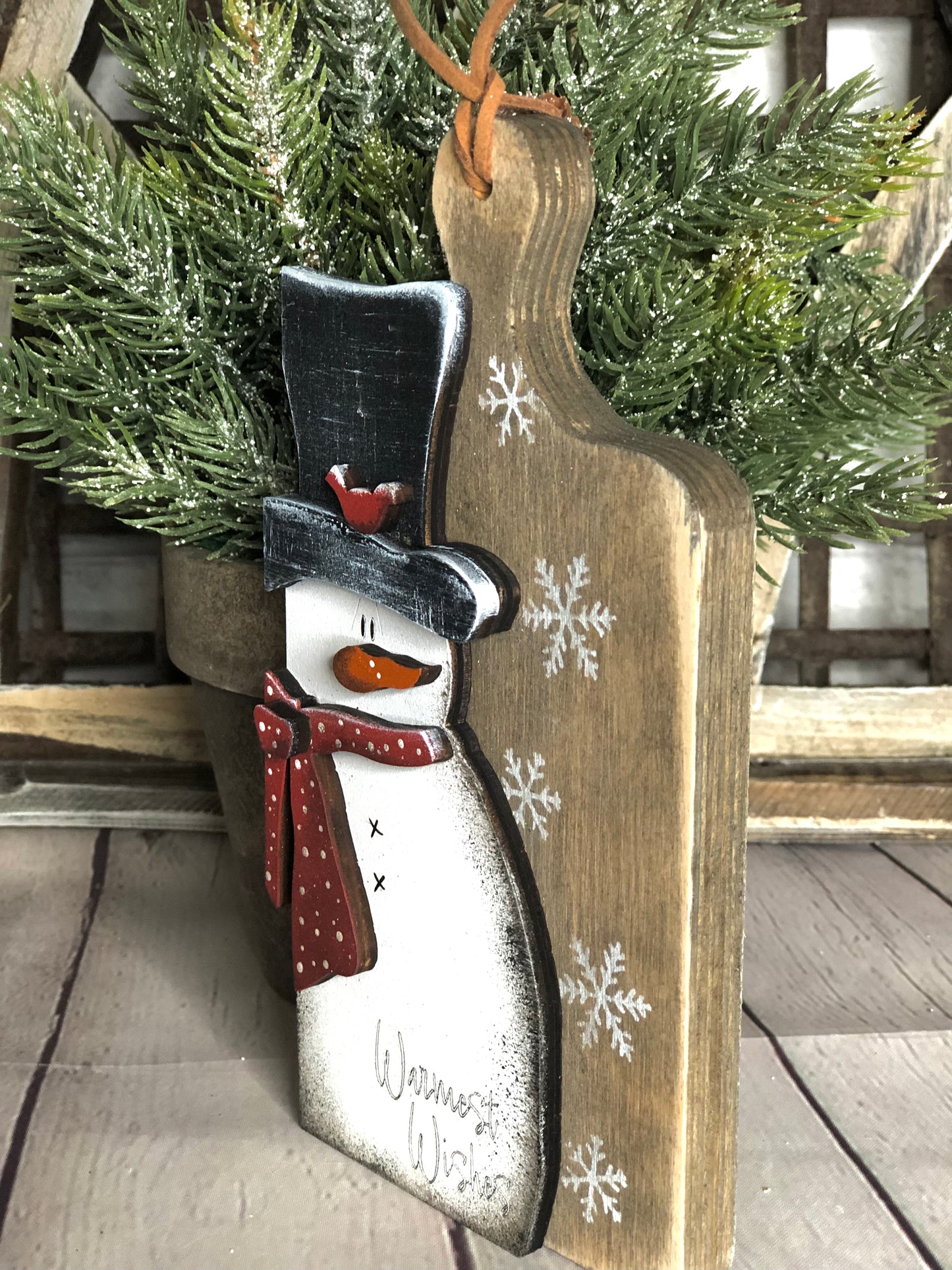 CHRISTMAS ORNAMENT- LARGE PRIMITIVE SNOWMAN ON MINI CUTTING BOARD ORNAMENT